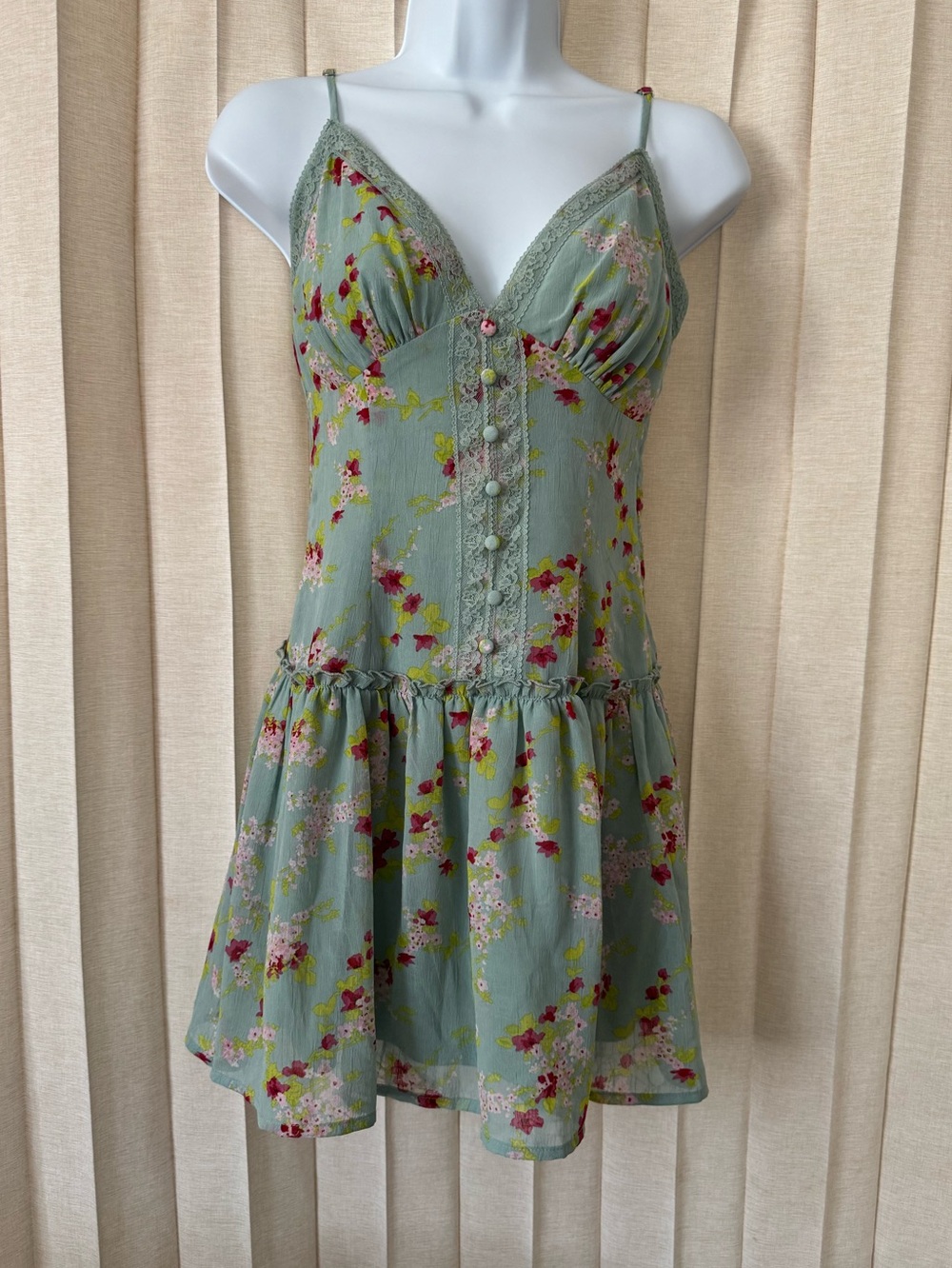 wild fable Sage Green Floral Lace-Trim Mini Dress date nightdress